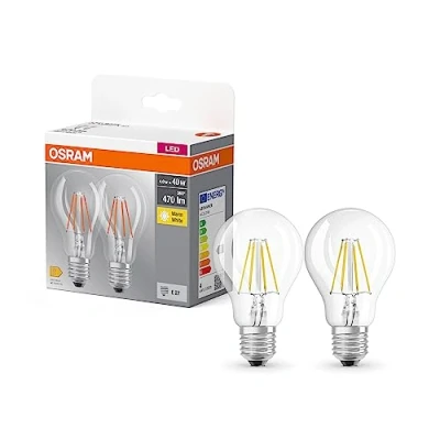 Afbeelding van OSRAM BASE standard filament 40 LED pære med E27 sokkel, klassisk pæreform, 2 pak, 4W, 470lm, 2700K, varmt hvidt lys, lav varmeeffekt, lang levetid, lavt energiforbrug