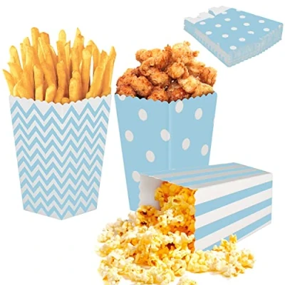 Afbeelding van 24 stuks popcornzakjes, kleine popcorndozen, papieren snoepzakjes, popcorndoosjes, feestzakjes, set voor feestjes, familiefeest, bioscoop, Pasen, kinderverjaardag (blauw)
