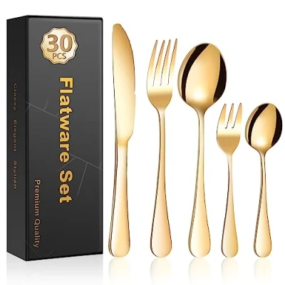 Afbeelding van Cinnani Gouden Bestek Set 6 Personen, 30 Delig Roestvrij Staal Set, Diner met Mes Vork Lepel, voor Thuis Feest Restaurant, Vaatwasmachinebestendig