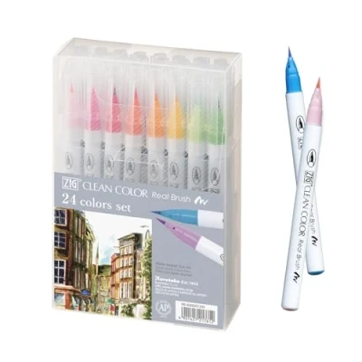 Afbeelding van Kuretake Clean Color Echte Penseel Aquarel Penseelpennen (Set Van 24 Kleuren)