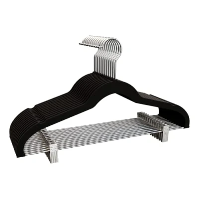 Afbeelding van COM FORT HOUSE Fluwelen kleerhangers met klemmen, zwart, antislip en duurzaam, voor kleding, ideaal jassen, broeken of blouses, 12 stuks