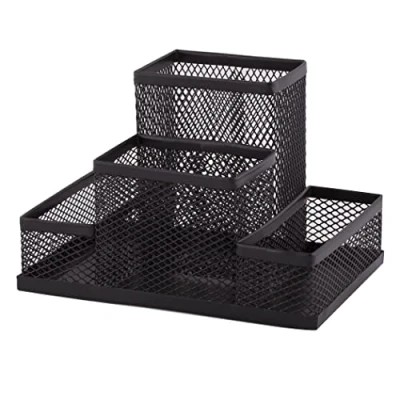 Afbeelding van pennenhouder pennenkoker tafelorganizer van metaal bureauplank met meettjeshouder mesh 103 x 154 mm zwart