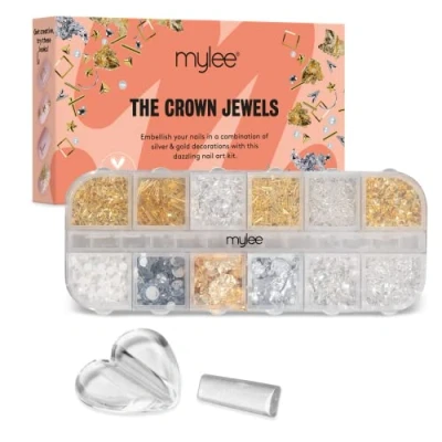 Afbeelding van Mylee Crown Jewel Nail Art Kit, 12 Delige Set met Zilveren en Gouden Decoraties voor Gel, Acryl Natuurlijke Nagels, Inclusief een Curving Tool, Perfect Professional Beginner Manicures