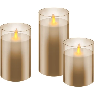 Afbeelding van LED vlam flakker kaars in goud glas set van 3