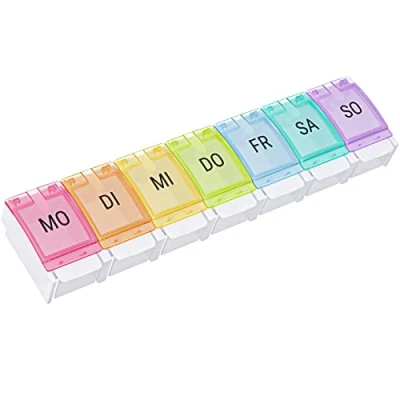Afbeelding van WELLGRO Tablettenbox voor 7 dagen pillendoos 1 vak per dag klapdeksel met druksluiting materiaal BPA vrij kunststof (PP) kleur naar keuze, kleur: bont