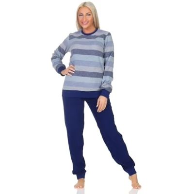 Afbeelding van Normann Damespyjama met lange mouwen en manchetten in blokstrepenlook, blauw, 36 38