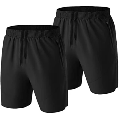 Afbeelding van HMIYA Sportshorts voor heren, sneldrogend, hardlopen, gym, casual, kort, lichtgewicht, met ritszakken, Zwart/Zwart, M
