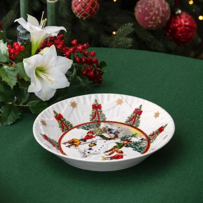 Afbeelding van Villeroy &amp; Boch Toy&#039;s Fantasy schaal groot, grote porseleinen kerstschaal, sneeuwpopmotief, serveerschaal, keramische schaal, kerstbord diep