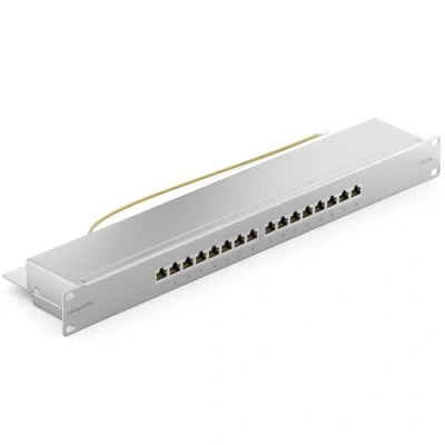 Afbeelding van deleyCON CAT 6a Patchpanel Distributiepaneel 16 Poorts Desktop 19 Inch Rackmount Servermontage RJ45 Afgeschermd TIA568A TIA568B Lichtgrijs
