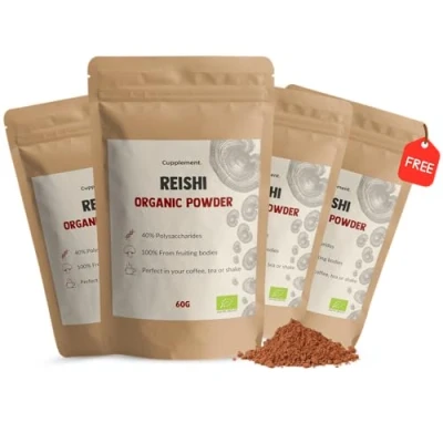Afbeelding van Cupplement 4 Zakken Reishi Poeder 60 Gram Biologisch Inclusief Opschuimer &amp; Scoops Geen Capsule of Extract Supplement Superfood Mushroom Paddenstoel