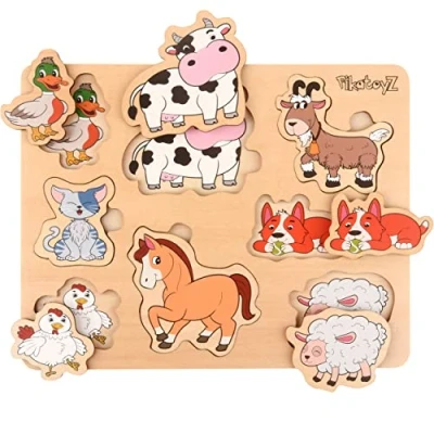 Afbeelding van Pikatoyz puzzel van 1 jaar, 2 3 jaar. Houten speelgoed met boerderijdieren. Kinderpuzzel ideaal als geschenk. in de vorm een knijperpuzzel. Montessorispeelgoed knijperspel