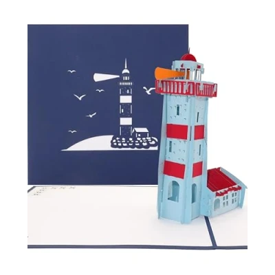 Afbeelding van Pop up kaart vuurtoren 3D verjaardagskaart maritiem uitnodiging, tegoedbon, souvenir en wenskaart van Oostzee Noordzee