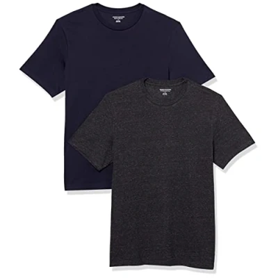 Afbeelding van Amazon Essentials Heren Slim Fit T shirt met korte mouwen en ronde hals, verpakking van 2 stuks, marineblauw/houtskool heather, L