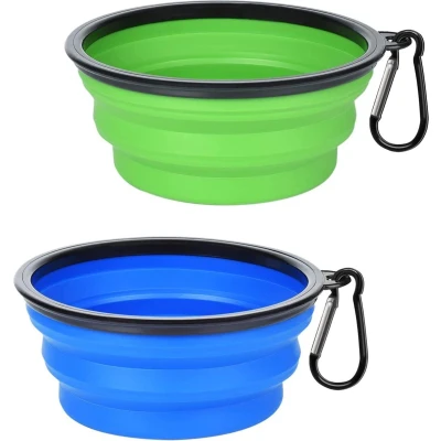 Afbeelding van 2x Opvouwbare Drinkbak/Voerbak Waterbak Kat en Hond Siliconen Drinkbak Voerbak Opvouwbaar Drinkbakje Reisvoerbak 350 ML Blauw + Groen