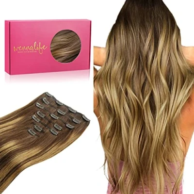 Afbeelding van Wennalife clip in extensies, echt haar, 55 cm, 120 g, 7 stuks, spoeling chocoladebruin tot karamelblond, Remy haarextensies, natuurlijk haar