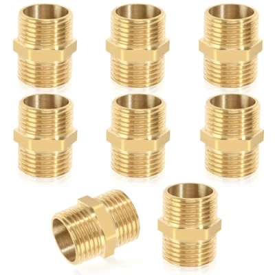Afbeelding van dubbele nippel 1/2 inch (Ø 20 mm), 8 stuks messing buitendraad, zeskant inch, schroefdraadfitting fittingen geschikt voor verwarming, drinkwaterinstallatie, sanitair,