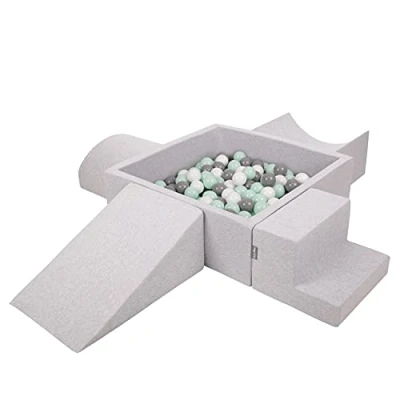 Afbeelding van KiddyMoon schuimspeelplaats voor kinderen met vierkante ballenbak (300 ballen), lichtgrijs: wit / grijs mintkleurig