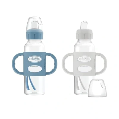 Afbeelding van Dr. Brown&#039;s® Milestones™ Smalle Sippy fles met 100% siliconen handgrepen, Easy Grip zachte drinktuit, 250 ml, BPA vrij, lichtblauw en grijs, 2 stuks, 6m+
