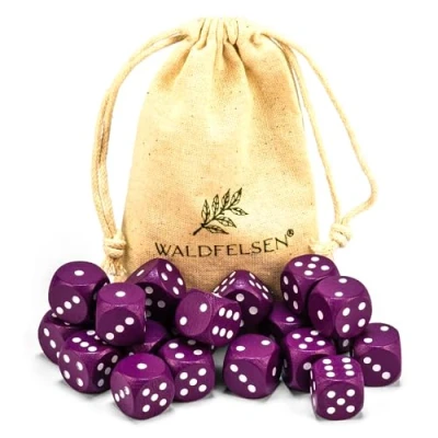 Afbeelding van Waldfelsen 6, 12, 20, 30 of 50 hoogwaardige houten kubussen van echt beukenhout, standaard 16 mm met stoffen zak, kubusset (paars, 20 stuks)