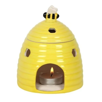 Afbeelding van Vrolijke gele bijenkorf oliebrander 14cm x 11cm (1 stuk.) Schattig keramisch ontwerp met zoete deksel, honingraat uitsparingen compatibel geuroliën en wax smelt