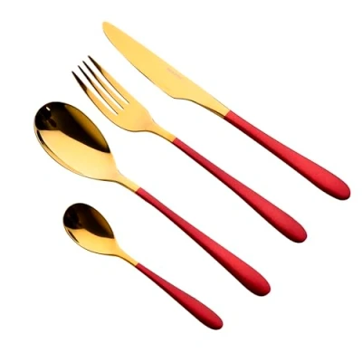 Afbeelding van BERGNER Lisboa Bestekset van roestvrij staal, 16 delige set in rood en goud, ergonomische handgrepen, gemakkelijk te wassen, vaatwasmachinebestendig, bestekset, metalen afwerking