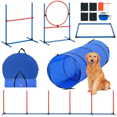 Afbeelding van VEVOR Agility trainingsuitrusting voor honden, 5 delige set, obstakelpad puppy&#039;s, in hoogte verstelbaar, 6 stangen, tunnel, springring, pauzerbox, fluitje, opvouwbare bak