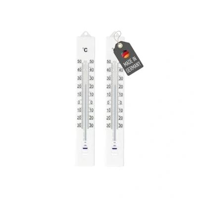 Afbeelding van Lantelme Set van 2 tuinthermometers, weerbestendig, kunststof, 18 cm, kleur wit, nauwkeurige temperatuurweergave analoog 30 tot 50 C, thermometer ook voor huis, binnen, tuin en buiten (wit zwart