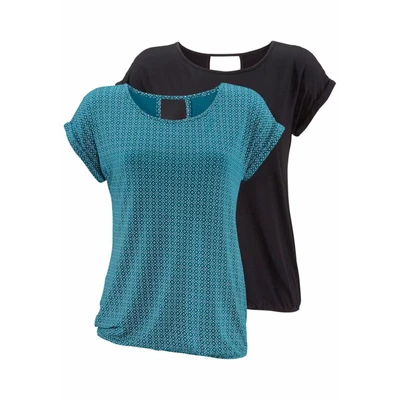Afbeelding van Lascana 2 pack Tshirt print petrolgemustert+schwarzuni, Dames, Maat: 48/50, Petrol gemustert+schwarz uni