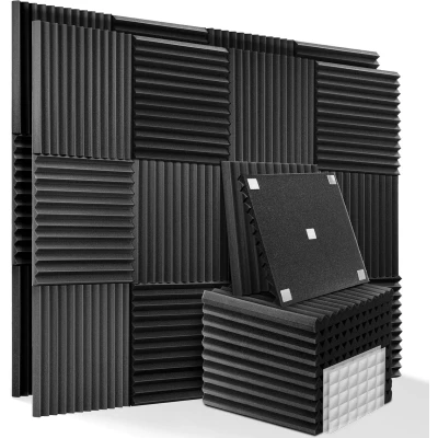 Afbeelding van Geluidsabsorberend akoestisch schuim met dubbelzijdige sticker, 36 stuks zwart voor podcasts, opnamestudio&#039;s, kantoren, thuisonderwijs, akoestische schuimmat (30 x 30 2,5 cm).