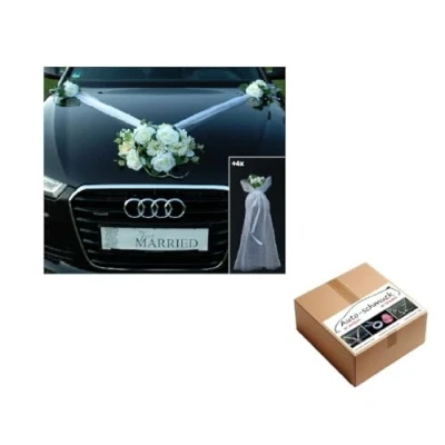 Afbeelding van Kanten autoboeket, autoversiering, bruidspaar, rozen, decoratie, huwelijk, auto, bruiloftsdecoratie (SS GER wit)