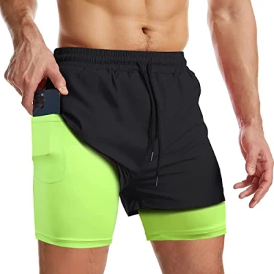 Afbeelding van Danfiki Sportshorts 2 in 1 voor mannen, ademend, met zakken, sneldrogende sportbroek zak, sportlegging, Base Layer Stretch, Groen, XL