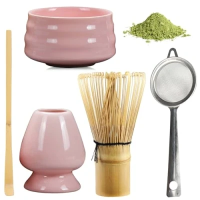Afbeelding van BAIFULAI matcha theeset, 5 delige set, Japanse garde set van keramiek, schaal, gardehouder, zeef, accessoires voor ceremonie (roze)