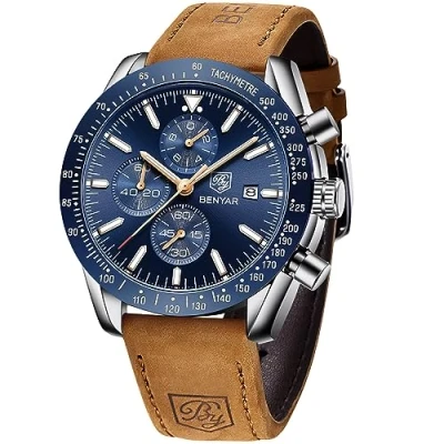 Afbeelding van by benyar Horloge voor Mannen Chronograaf Analoge Quartz Waterdichte Zakelijke Zwarte Wijzerplaat Polshorloge met Lederen Band Geschenk Mannen, goud blauw