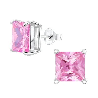Afbeelding van JoyS Zilveren vierkant oorbellen 8 mm zirkonia roze
