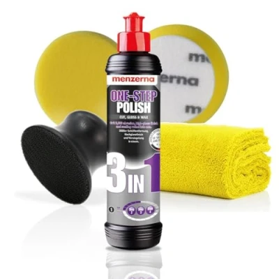 Afbeelding van detailmate Menzerna Medium Cut Set: 3 in 1 One Step Polish 250 ml + hand polijst applicator voor 95 mm pads Pad microvezeldoek 550 g/m²