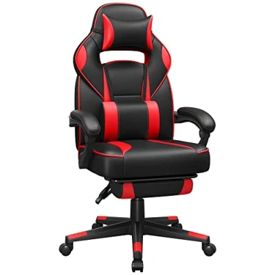 Afbeelding van SONGMICS Gaming chair, bureaustoel met voetsteun, hoofdsteun en lendenkussen, in hoogte verstelbaar, ergonomisch, 90 135 kantelhoek, tot 150 kg draagvermogen, zwart rood OBG73BRV1