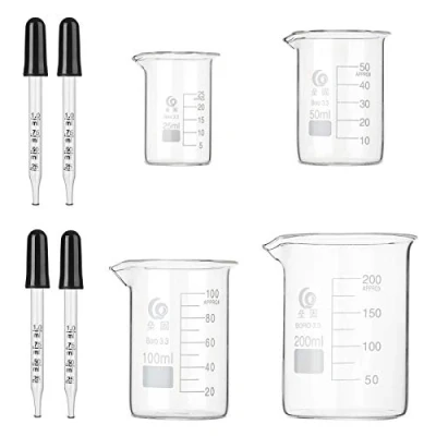 Afbeelding van Hyber&amp;Cara Glas Beker Set 4 Pack Graduated Lage Vorm Meten Bekers 25ml 50ml 100ml 200ml met Stks 1ml Pipet