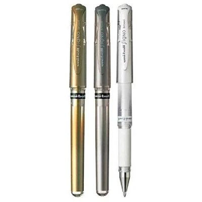 Afbeelding van Uni Ball Diverse Kleurenpakket Signo Pen Brede Metallic Gel Inkt Rollerball Metalen 1mm Tip Nib 0.65mm Lijnbreedte Met Rubberen Grip UM 153 1 van elke kleur Goud Zilver Wit 3 Pennen)