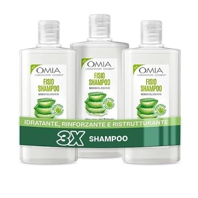 Afbeelding van Omia Fisio Eco Bio Shampoo met Aloë Vera van Salento, voor Normale Haren, Hydraterend en Balancerend, Frequent Wassen, Zonder Siliconen Sulfaten, 3 Flesjes 200 ml, Exclusief Amazon