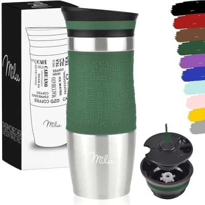 Afbeelding van Milu Thermosbeker 370ml 450ml Geïsoleerde mok Koffiemok voor onderweg 100% lekvrij Roestvrijstalen drinkmok Automok dubbele wand isolatie Thermo Reismok ( olijfgroen, 370 ml).