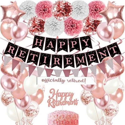 Afbeelding van 51 delige Pensioen versiering Rose goud We will miss you Happy retirement ballonnen feest artikelen Afscheid