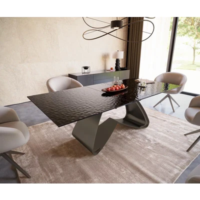 Afbeelding van DELIFE Eetkamertafel Edge 180 220x100 Glas smelten rokerig zwart 3D Relief W frame effectafwerking Titaan uitschuifbaar