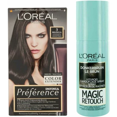 Afbeelding van L&#039;Oréal Preference Haarkleuring 03 Brasilia Donkerbruin + Magic Retouch Uitgroeispray Bruin 75 m Pakket