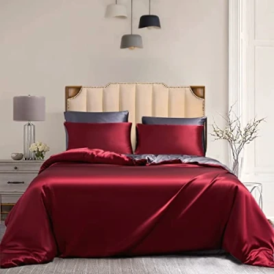 Afbeelding van Damier Satijnen beddengoed, 200 x 220 cm, rood grijs, glanzend satijn, omkeerbaar, zijdeachtig glanzend, luxe dekbedovertrek met ritssluiting en 2 kussenslopen 80 cm