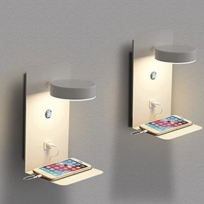 Afbeelding van SENFAY Led binnenwandlamp, 2 stuks, met USB aansluiting, 12 W, driekleurig, dimbaar, moderne lamp, leesschakelaar, draaibaar, 330 graden, nachtlampje, wit, wit (klein), stuks
