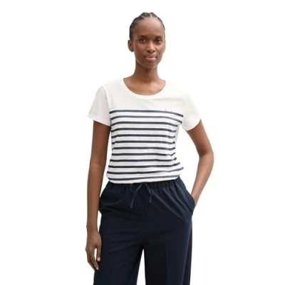 Afbeelding van TOM Tailor Denim Printed SLUB Tshirt print, Dames, Maat: Large, White/navy