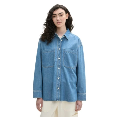 Afbeelding van TOM Tailor denim Lockeres Overhemdblouse, Dames, Maat: Large, Used mid stone blue