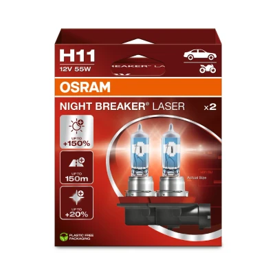 Afbeelding van OSRAM NIGHT BREAKER LASER H11, +150% meer helderheid, halogeen koplamplamp, 64211NL 2HB, 12V, Hangende vouwdoos (2 lampen)