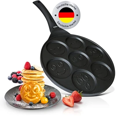 Afbeelding van endusor Pancakepan voor kinderen, met smiley, spiegeleipan, motief Ø 26 cm, PowerShield coating, inductie ceran gas, elektrisch, 7 x mini vormmaker, eierpan spiegelei, poffers
