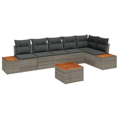 Afbeelding van vidaXL 7 delige tuinsofaset met kussens in grijs poly rattan en acacia